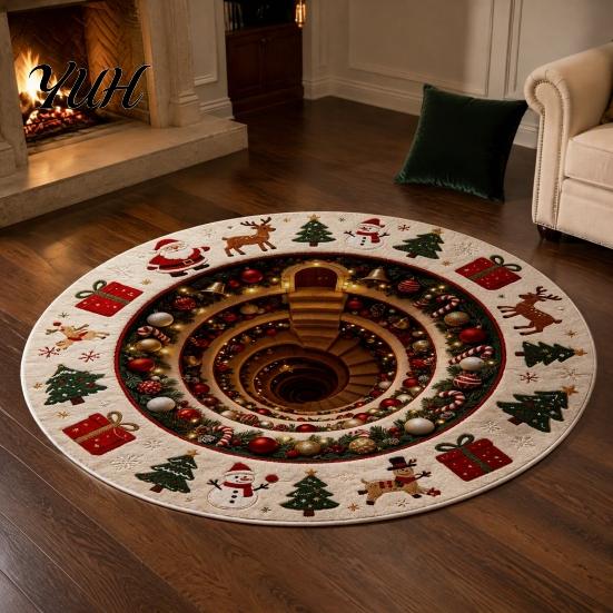 Cozy Indoor Holiday Decorations Christmas Round Area Rug, 3D Visual Trap Floor Mat with Santa Elk Print, Claus Print Rugs Non-Slip Stain Resistant