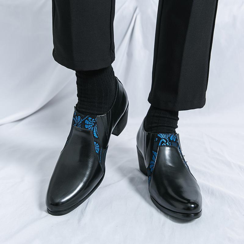 Large size business dress high-heeled leather shoes 2025 spring and autumn new men's thick heel heightened leather shoes pointed leather shoes