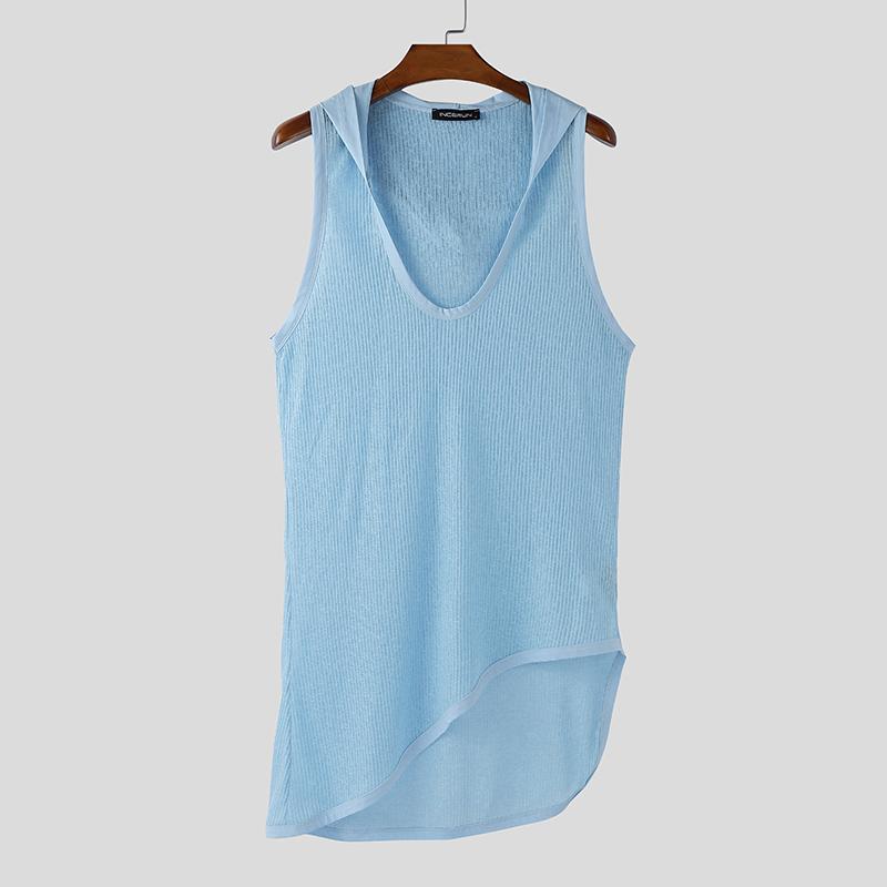 INCERUN Herren ärmellose U-Ausschnitt unregelmäßige dünne Urlaubs-Langarm-Kapuzen-Tanktops