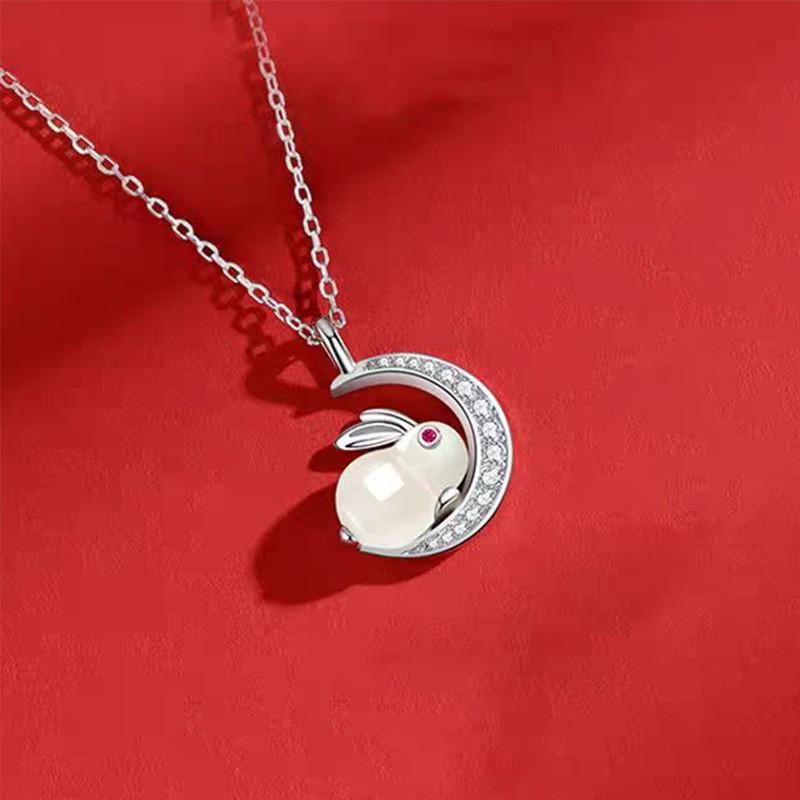 925 Sterling Silver Rabbit Pendant Necklace with Natural Hetian Jade