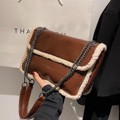 Autumn Winter Plush Handbags Women's Versatile Fashion Chain Shoulder Bags Large Capacity PU Plush Spliced Crossbody Bag