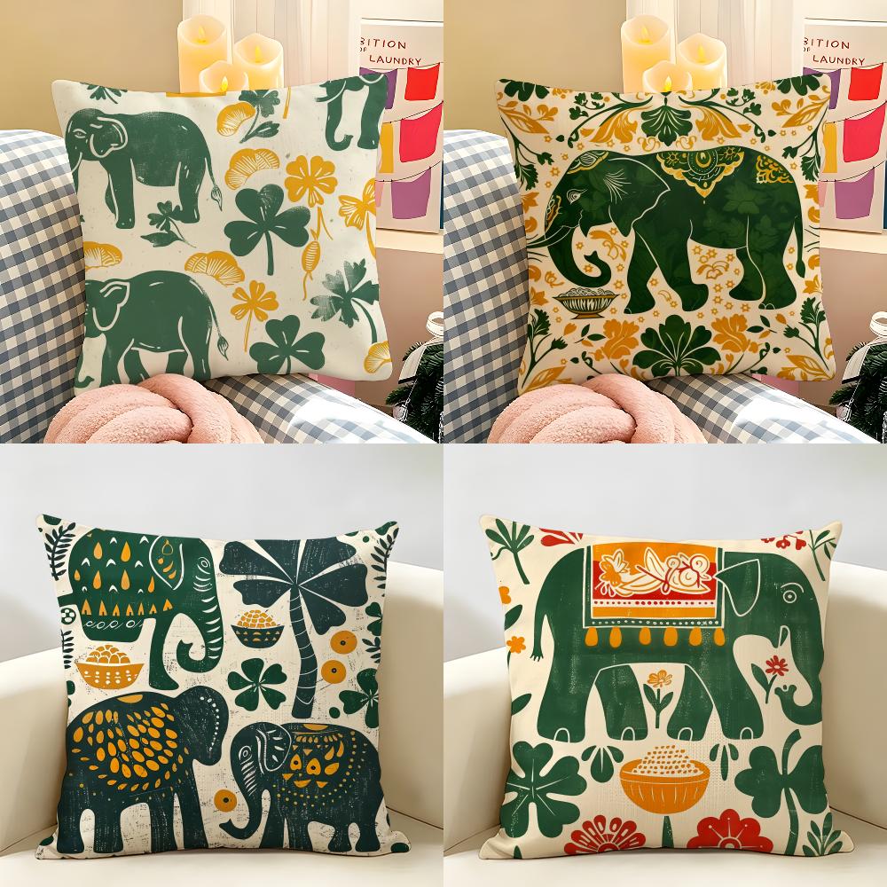 Elephant and Flower Cushion Cover Natural Linen Double Sided Print Throw Pillow Case for Sofa Couch Home Decor