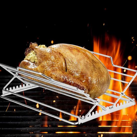 1/2Pcs Adjustable V-Shaped Chicken Roasting Rack Non-Stick Stainless Steel Foldable Roasting Stand Travel Grill Accessories