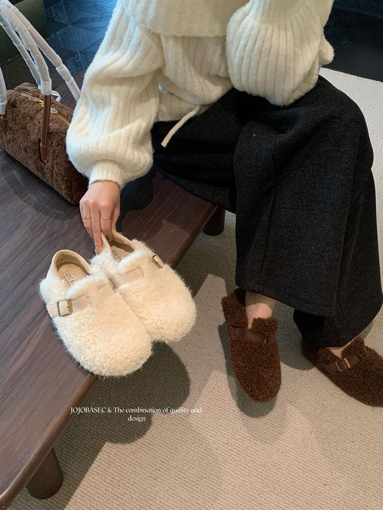 2025 autumn and winter new round head fur belt buckle soft bottom foot cover work commuter warm women's cotton shoes
