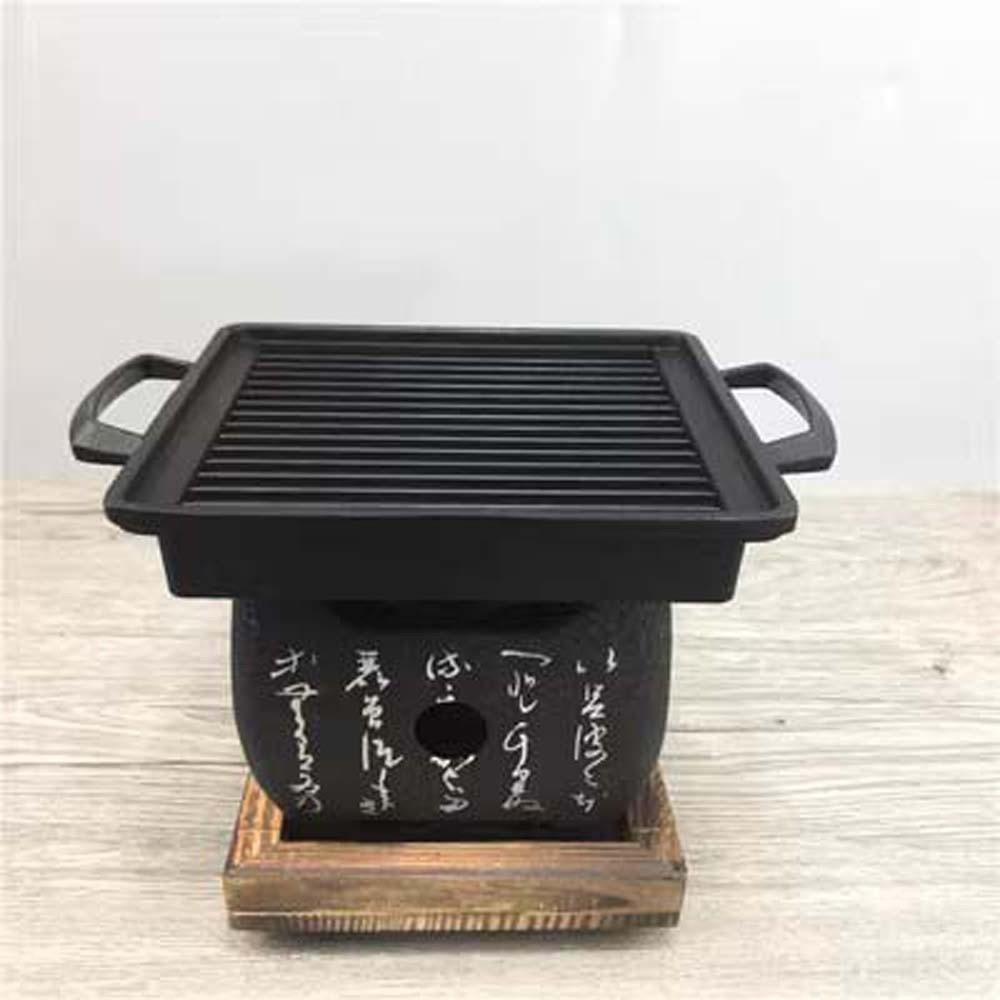 Japanese Style Charcoal Stove Aluminium Alloy with Grill Net Portable Charcoal Grill Carbon Stove Square Wooden Board