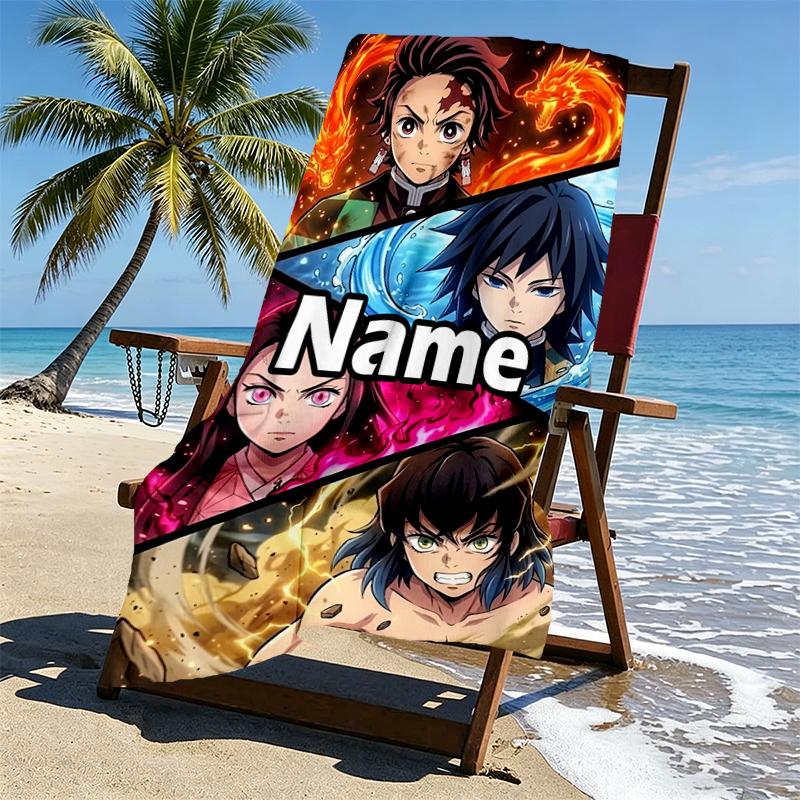 Custom Name Personalized Demon Slayer Print Beach Towel, for Trip Camping Beach Party Home Decor, Birthday Gift for Family & Friends