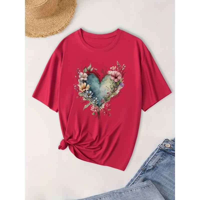 Short Sleeve Love Flower Large Size Round Neck Fashion T-Shirt