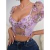 Cross-Border Hot-Selling Puff Sleeve Sexy Floral Crop Top with Underwire, Gathered Drawstring Waist Lace Blouse