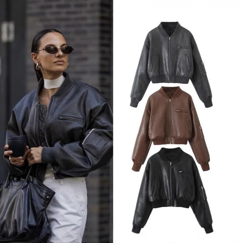 Womens Winter Faux Leather Zipper Jacket Classic Retro Street Style Batwing Cut Short Length In Black Gray Brown