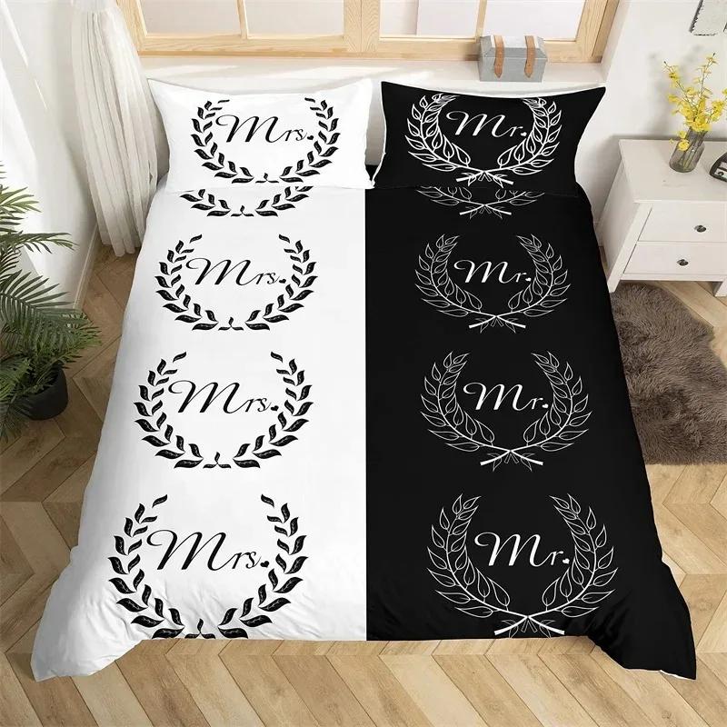 Mr Mrs Bedding Set Microfiber Romantic Wedding Theme Duvet Cover Set King For Valentine Day Funny Quotes Love Heart Quilt Cover