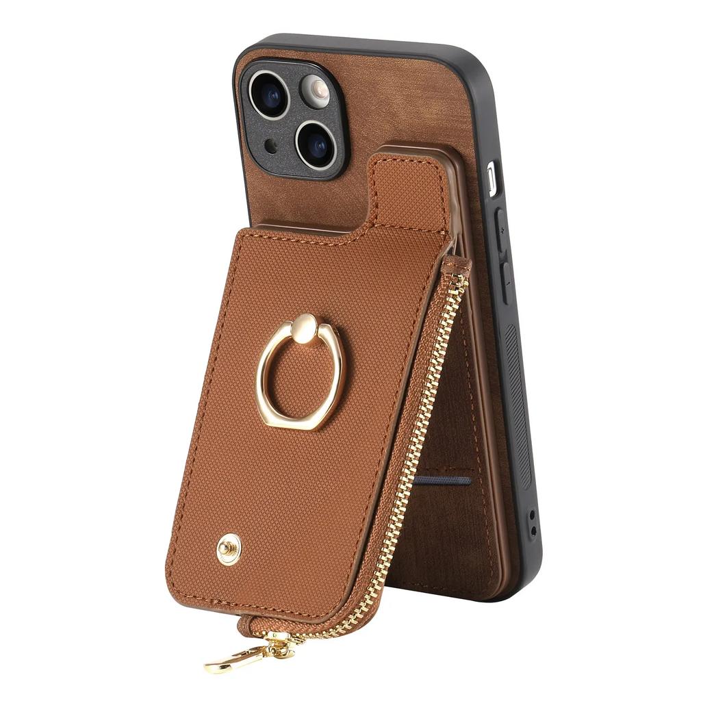 Vertical Cards Slot Ring Holder Zipper Wallet Case For iPhone 15 Pro Max 14 Plus 13 12 11 XS X XR 7 8 SE 2022 Bag Pocket Cover