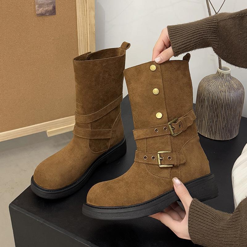 2025 New French Retro Versatile Round Head Thick Heel Western Boots for Women Wear Folded Matte Leather Medium Tube Martin Boots