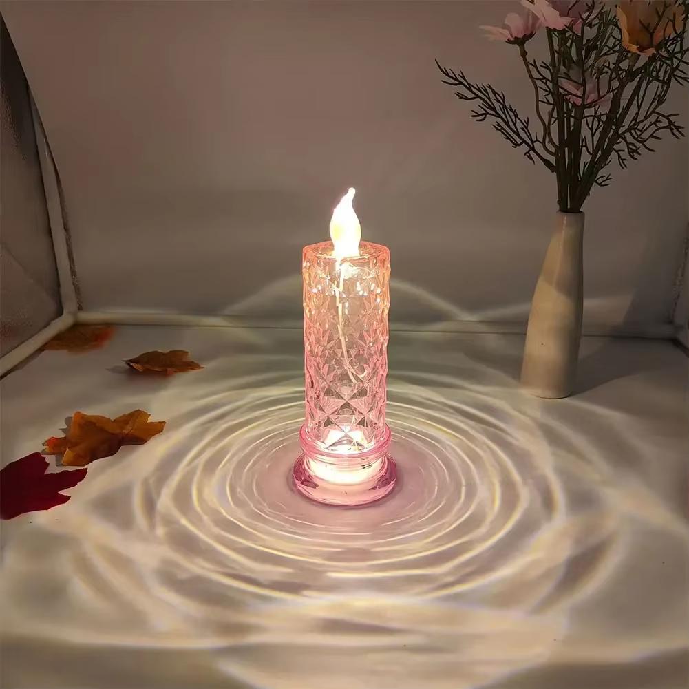 LED Crystal Candle Light Table Lamp Rose Projection Romantic Atmosphere Night Light for Bedroom Party Christmas Wedding Decorate