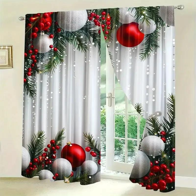 Set Of 2 Christmas Curtains Polyester Printed Tree Home Decoration Room Made
