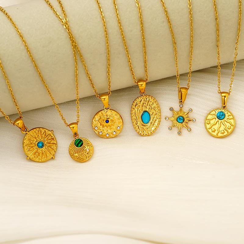 Retro Turquoise Titanium Steel Necklace Medium Antique Temperament Simple Light Luxury Pendant Spot