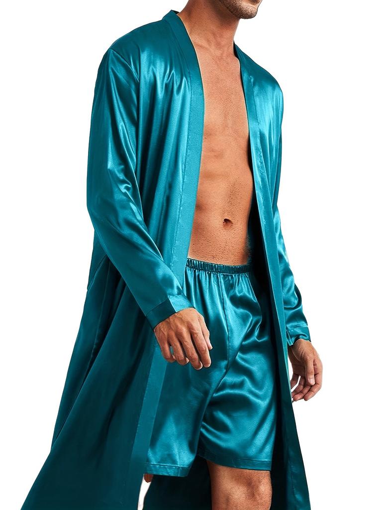 Herren Einfacher Stil Lässige Pyjama-Sets, Herren Bequemer Einfarbiger Morgenmantel, Eleganter Morgenmantel zum Schnüren & Lockere Shorts Hauspyjama-Sets