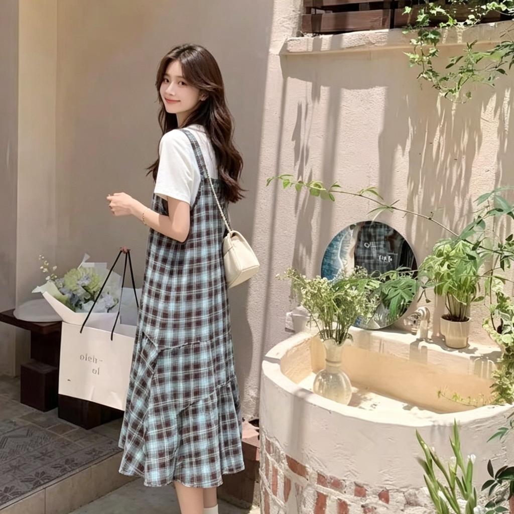 Fresh college style plaid strap skirt women's summer loose and thin age reduction small people daily wear casual fake two pieces