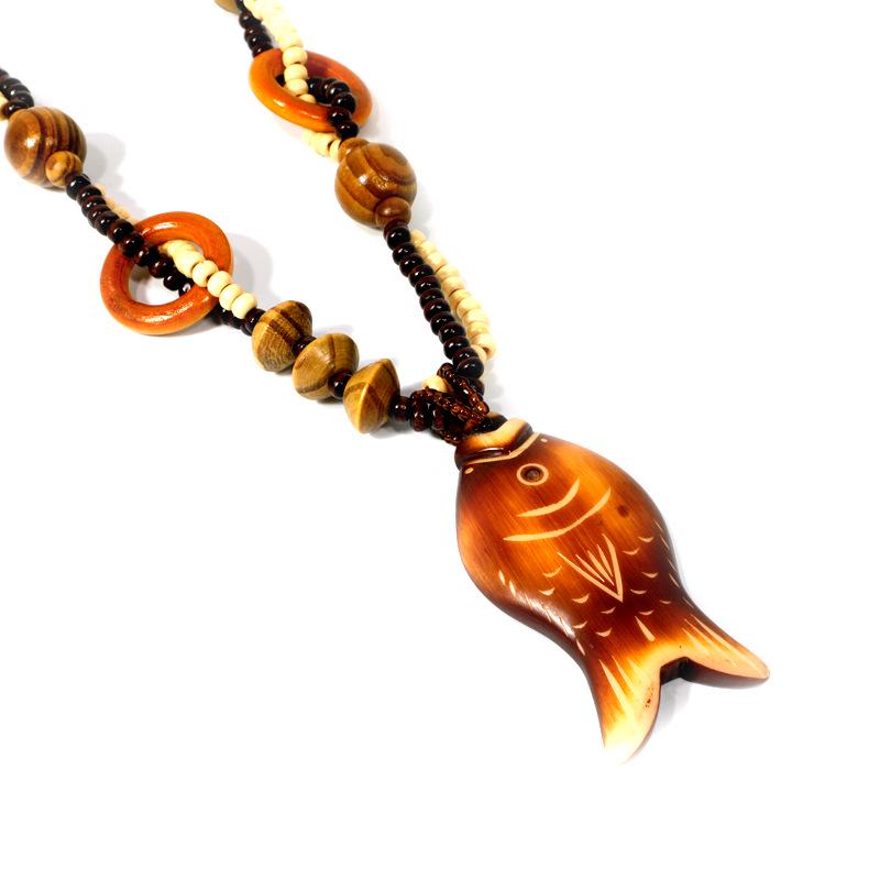 JMXD Handmade Wooden Fish Pendant Necklace Long Boho Beaded Sweater Chain Unisex Ethnic Retro Gift Lightweight Summer Trend