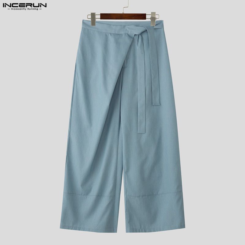 INCERUN Pánské ležérní šněrovací kalhoty s dlouhými širokými nohavicemi a obmotáváním v pase