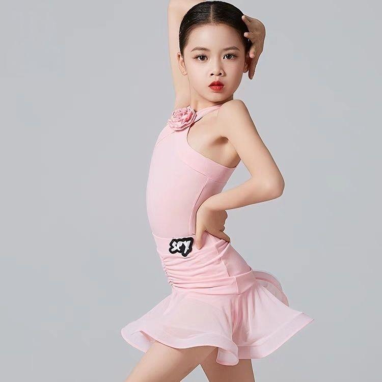 Girls Halter Latin Dance Dress Chacha Samba Rumba Latin Dance Competition Dresses Child Stage Costumes Pink