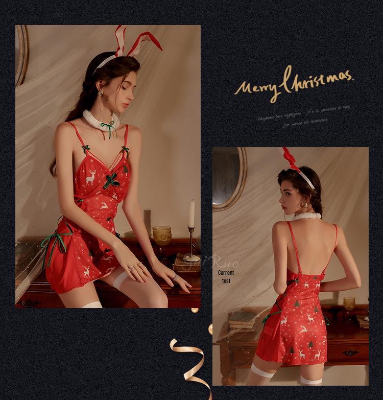 Übergröße Sexy Durchsichtiges Mesh Weihnachts-Dessous-Set mit Aufdruck - Rückenfreies Nachthemd