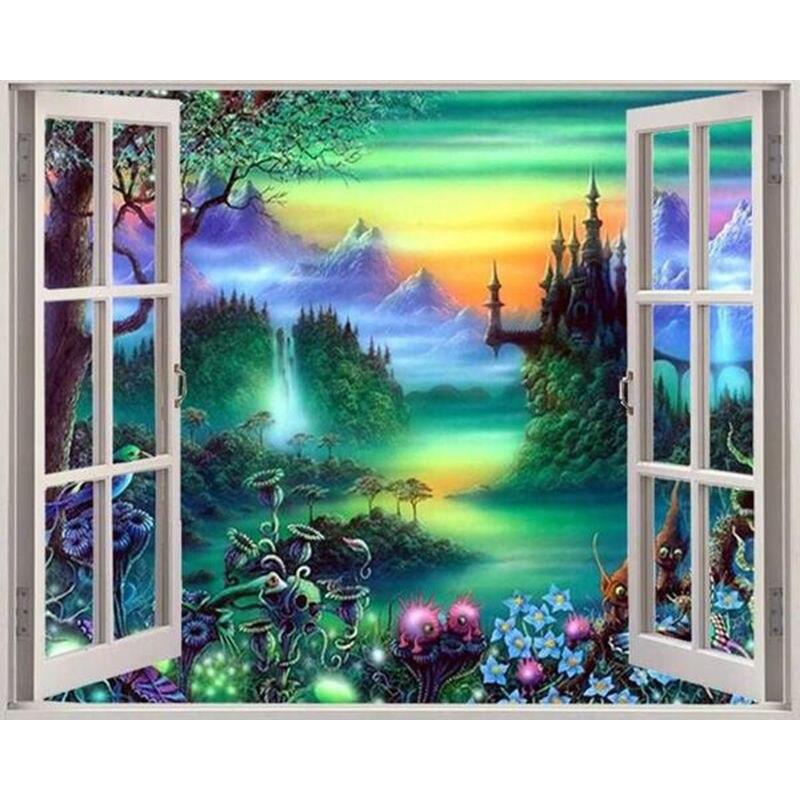 5D Full Drill Round Diamond Painting Window Seaside Landscape Embroidery Sale Rhinestones Mosaic Wall Art 40x50cm