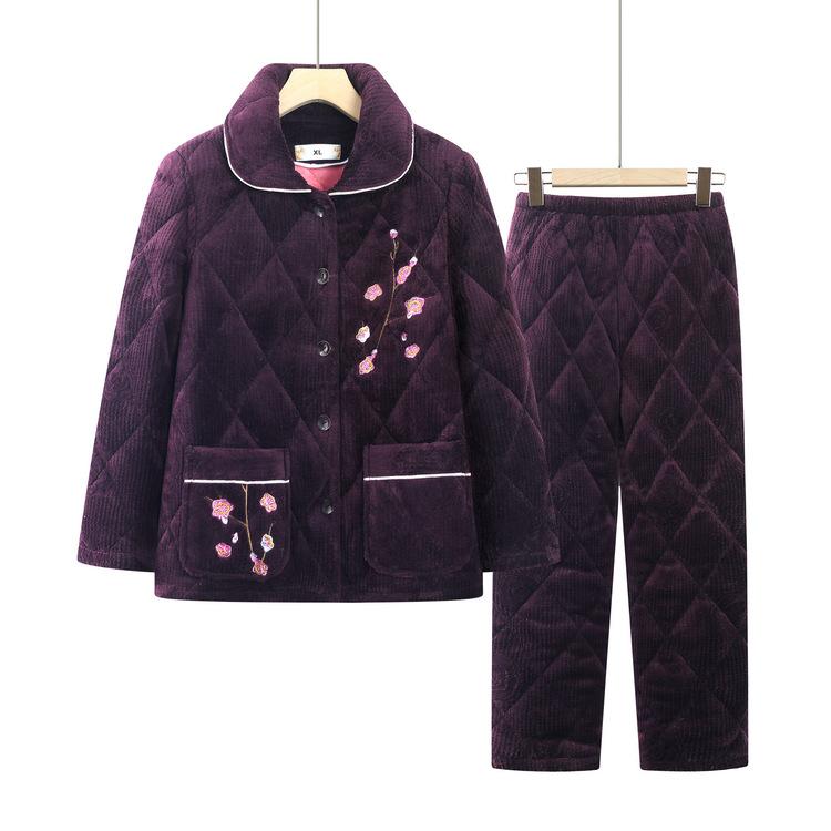 Middle-aged and Elderly Three-layer Cotton Pajamas Mothers In Autumn and Winter Thick Winter Clothes Grandma Warm Coral Fleece Home Clothes Set