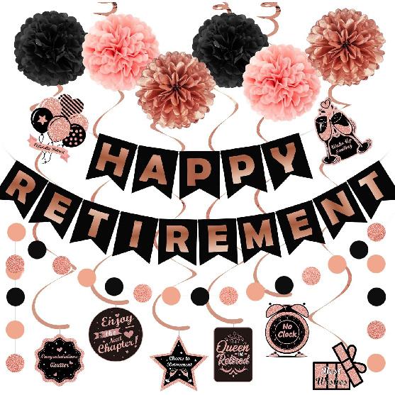 Retirement Party Decorations for Women, Black Rose Gold Happy Retirement Banner, Hanging Swirl ,Dot Garland, Paper Pompoms for Happy Retire Party