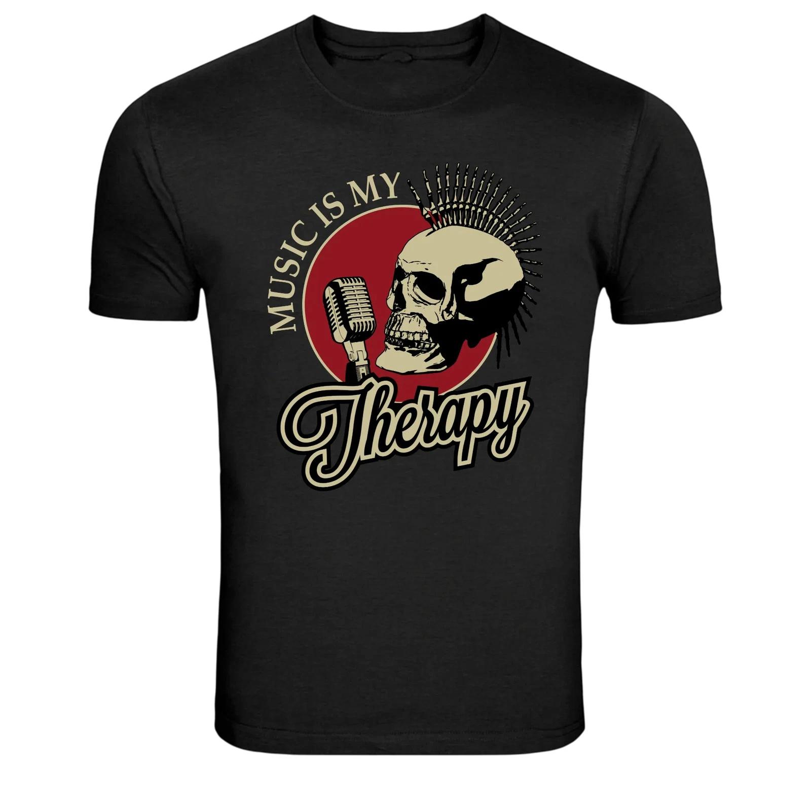 Music Is My Therapy Punk Skull Microphone Graphic T-Shirt XXXXL
