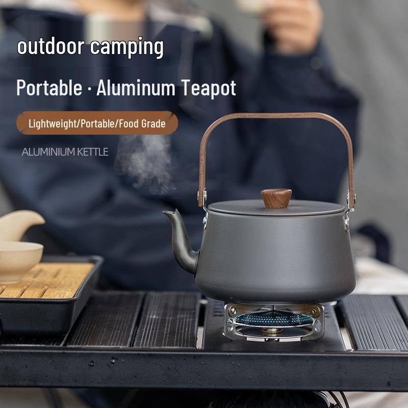 Portable Aluminum Camping Kettle with Wood Handle - Ideal for Boiling Water and Making Tea Outdoors