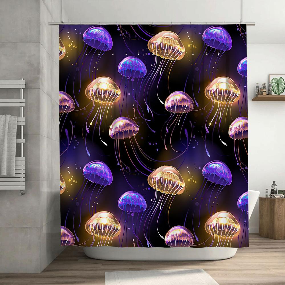 Jellyfish Shower Curtain Vivid Purple Gold Light-Up Jelly Fish Print Waterproof Fabric Easy Install Hook Bathroom Decor for Kids