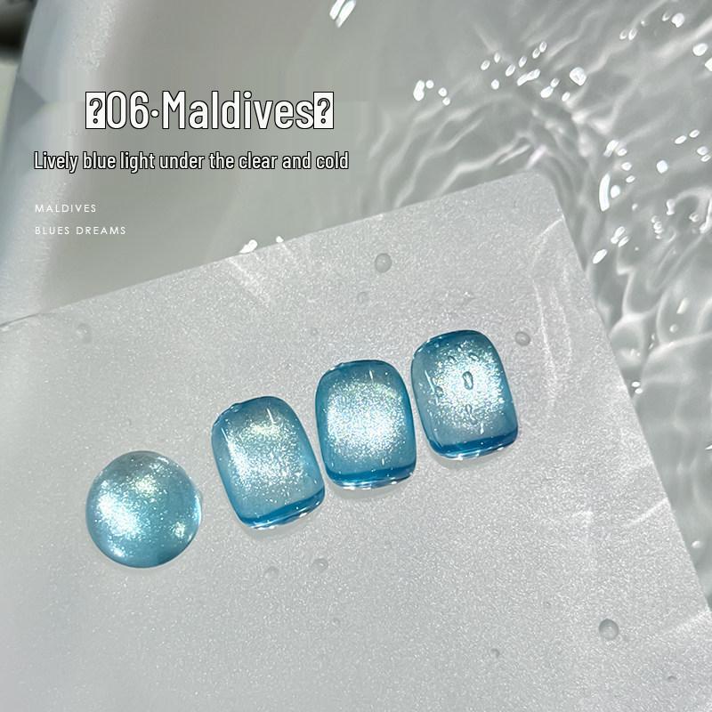 ROLITA Maldives Cat Eye Gel Polish Set - Super Sparkle Blue Pedicure Kit with Transparent Glass Beads.