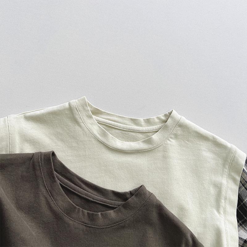 Kids' Plaid Color-Block T-Shirt~2025 Spring/Autumn Korean Mori Style Trendy for Boys & Girls