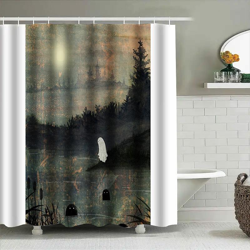 Spooky Ghost Halloween Shower Curtain Set Waterproof Bathroom Decor Eerie Forest Night Landscape Backdrop Vintage Gothic Home
