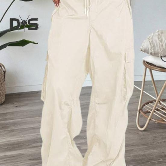 Dámské cargo kalhoty nastavitelné stahovací šňůrkou široké nohavice letní kalhoty s mnoha kapsami nízký pas jednobarevné dlouhé kalhoty