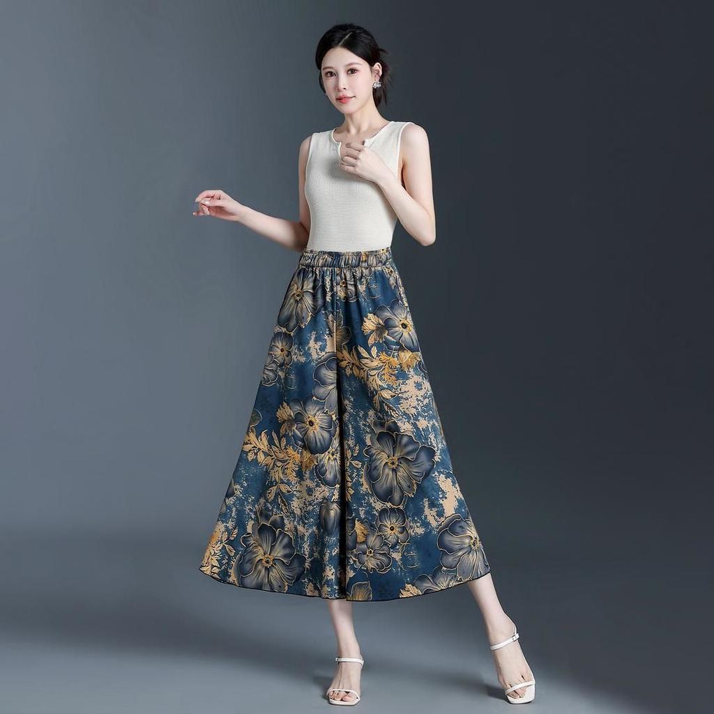 Printed Loose Casual High Waist Thin Fashion Wide Leg Pants Nine Points Skirt Pants Summer Drapey Wide Leg Trousers