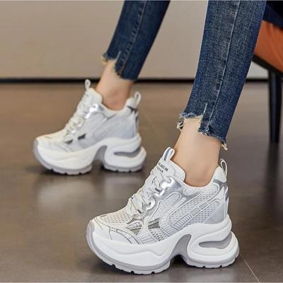 10cm Synthetisches Air Mesh Echtes Leder Vulkanisierte Klobige Sneaker Sommer Herbst Freizeit Frühling Damen Plateau Keilpumps
