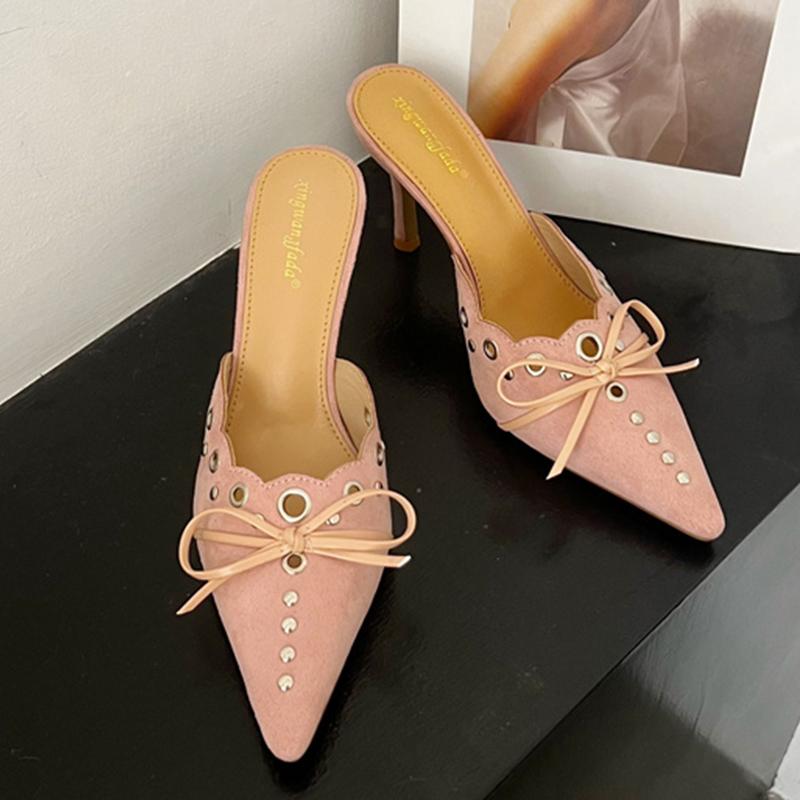 

Fashion Thin Heels Slippers Ladies Shoes Fashion Butterfly-Knot Rivet Female Slides Slippers Heels Women Footwear Mules Pumps Shoes 38 рожевий