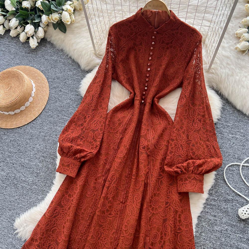 French Court Style Dress Women's Autumn High-end Single-breasted Waist and Thin Temperament Lace Long Dresses