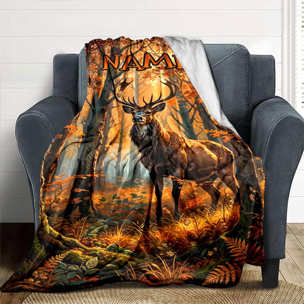Majestic Deer In Autumn Forest Home Customize Your Name Blankets Soft Cozy Lightweight Allseason Multiuse Throw Perfect For Couch Office Bed Living