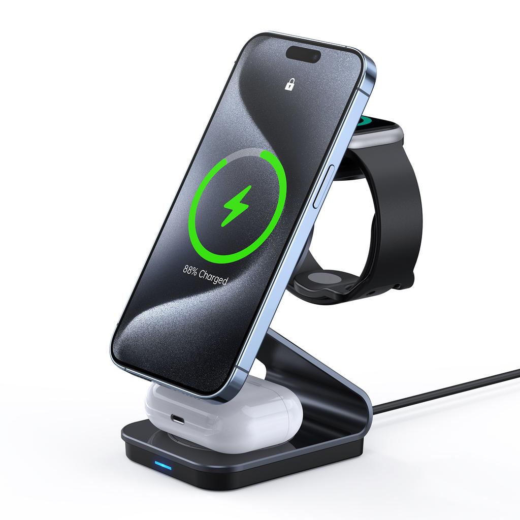 DUZZONA W21 3-in-1 15W Wireless Charging Stand Phone Earphone Watch Charger (Qi2 Certified) for iPhone 16 Series/Apple Watch 10/AirPods 4