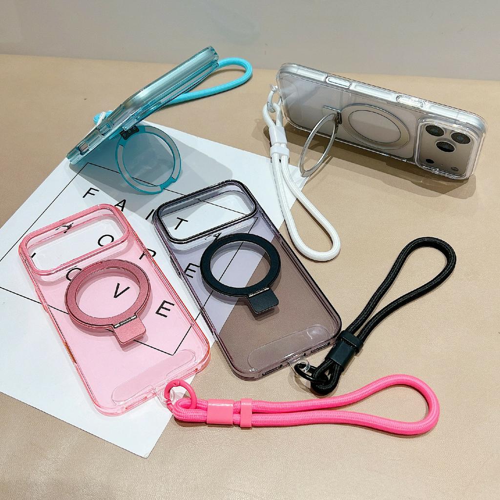 For iPhone 17 Pro Max Magnetic Case Kickstand Clear TPU Phone Back Cover with Wrist Strap