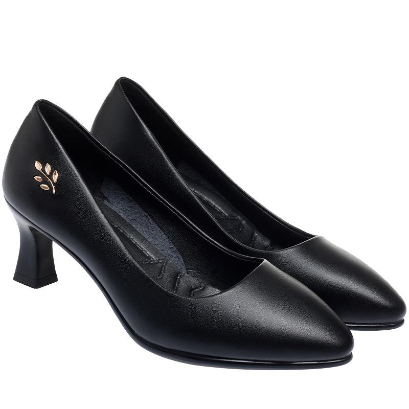 Měkké kožené dámské boty vhodné pro střední věk s tlustými a širokými chodidly, vysoké podpatky, profesionální kožené boty do práce