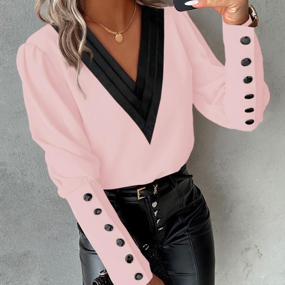 GMXIA Women's Fashion Casual Summer Solid Color Print Long Sleeve Button V-Neck Loose Blouses & Shirts