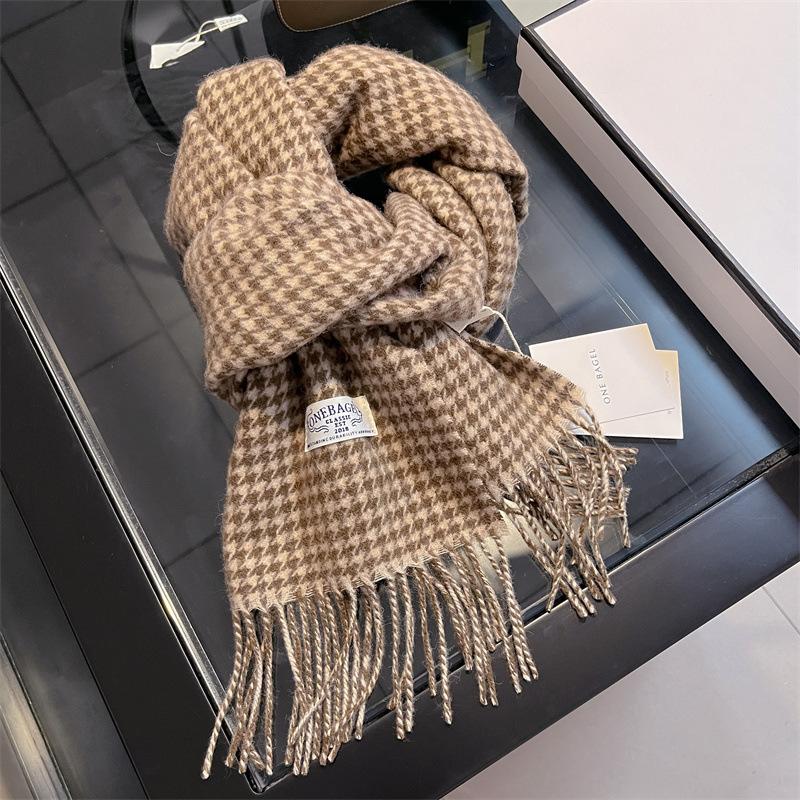 

New Korean Style Warm Student Scarf for Women in Winter Versatile Thousand Bird Checkered Wool Scarf and Small Shawl 180*32cm