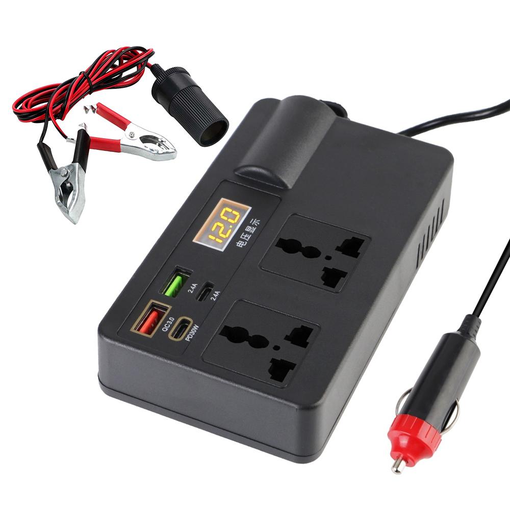 200W Household Inverter Storage Battery Converter DC 12V to AC 220V Car Inverter 7 Ports AC Power Socket PD Type-C USB Chargers чёрный