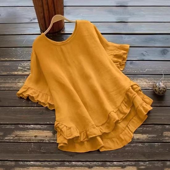 Women Tops Round Neck Short Sleeve Loose Fit Pullover Tops Pure Color Ruffle Hem