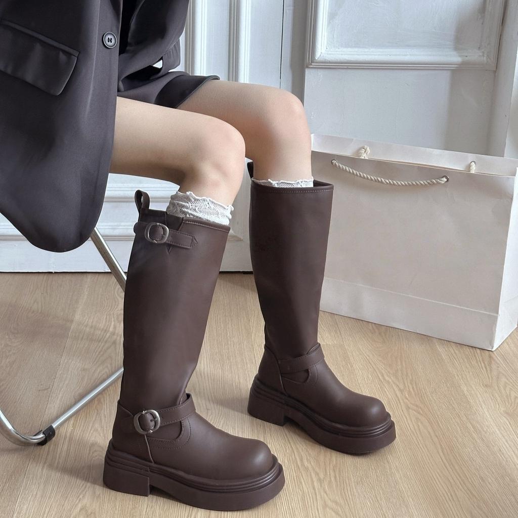 Black Belt Buckle Boots Women's 2025 New Versatile and Thin Small Man Increases Height But Knee High Knight Boots