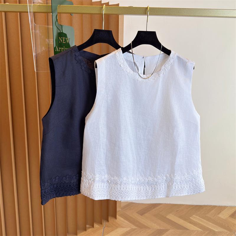 Korean Style Sleeveless Linen Blouse - Women's 2025 Summer Embroidered Round Neck Top