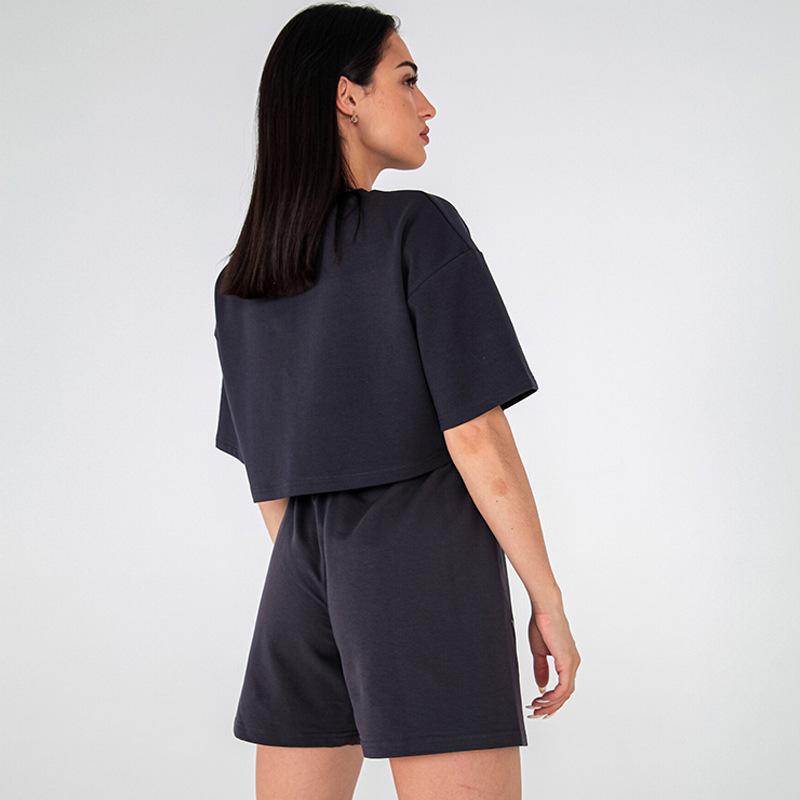 2025 Women's Spring/Summer Solid Color Casual Crop Top & Drawstring Shorts Set